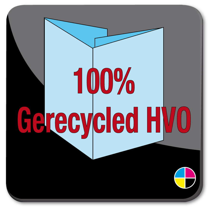 Toon details van 5.0 Flyers gevouwen tot gesloten luikvouw op 100% gerecycled HVO 8 pag.